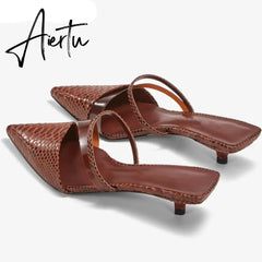 Aiertu New Fashion Brand Low Heel Slippers Women Slip On Pointed Toe Thin Heel Slides Outdoor Casual Mules Ladies Dress Shoes Aiertu