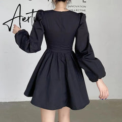 Aiertu New Fashion Elegant Puff Long Sleeve Black Dress Women Corset Summer Clothes Goth Sexy Party Club Outfits Mini Pleated Skirt Y2k Aiertu