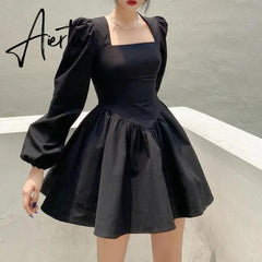 Aiertu New Fashion Elegant Puff Long Sleeve Black Dress Women Corset Summer Clothes Goth Sexy Party Club Outfits Mini Pleated Skirt Y2k Aiertu
