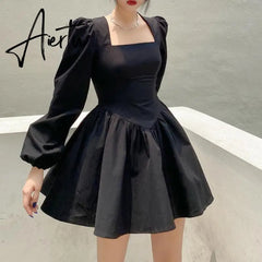 Aiertu New Fashion Elegant Puff Long Sleeve Black Dress Women Corset Summer Clothes Goth Sexy Party Club Outfits Mini Pleated Skirt Y2k Aiertu