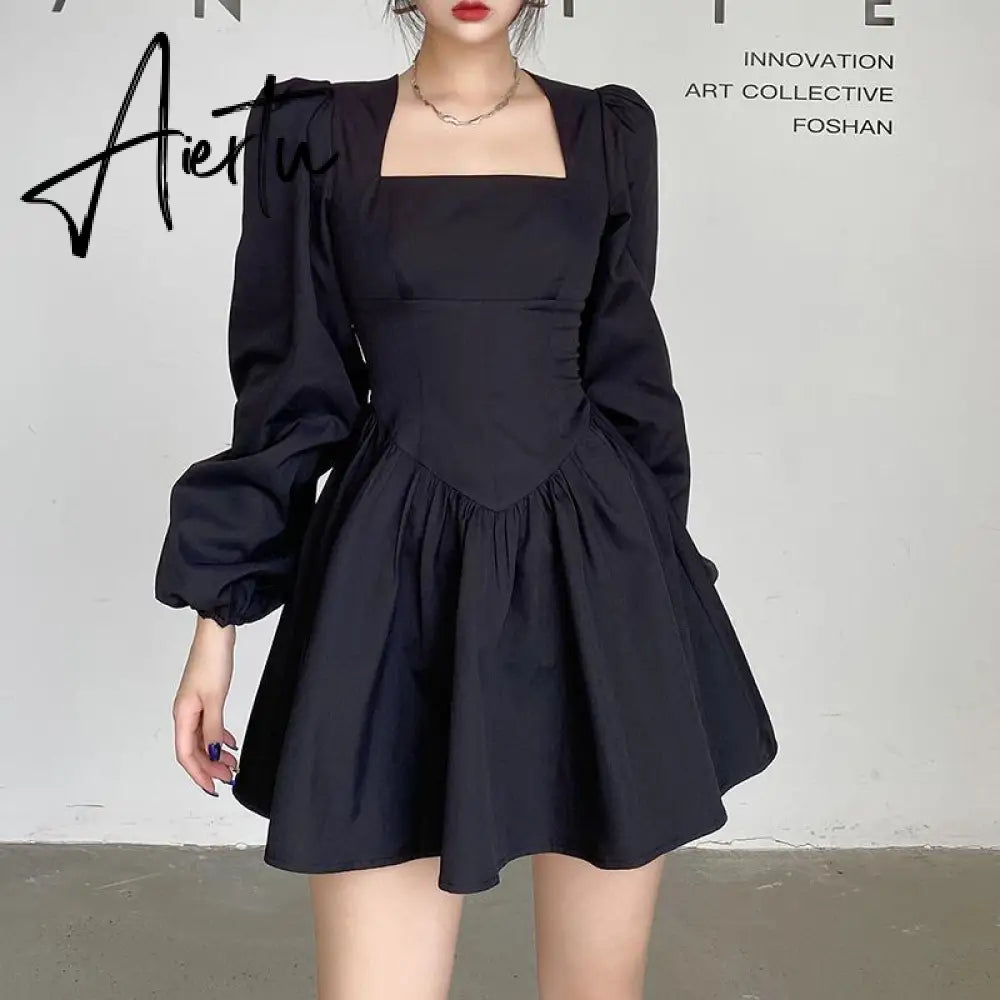 Aiertu New Fashion Elegant Puff Long Sleeve Black Dress Women Corset Summer Clothes Goth Sexy Party Club Outfits Mini Pleated Skirt Y2k Aiertu