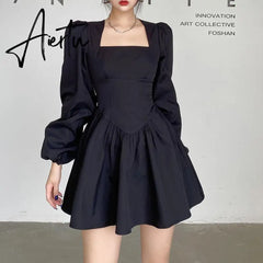 Aiertu New Fashion Elegant Puff Long Sleeve Black Dress Women Corset Summer Clothes Goth Sexy Party Club Outfits Mini Pleated Skirt Y2k Aiertu