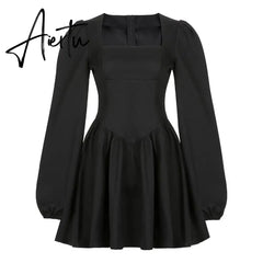 Aiertu New Fashion Elegant Puff Long Sleeve Black Dress Women Corset Summer Clothes Goth Sexy Party Club Outfits Mini Pleated Skirt Y2k Aiertu