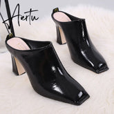 Aiertu NEW Fashion High Heeled Slippers Outdoor Wearing Square toe Women Slides Summer Muller Shoes Slip on Soft Patent Leather Aiertu