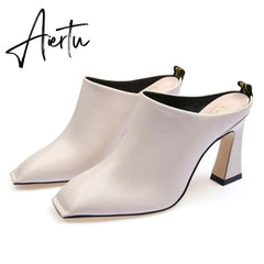 Aiertu NEW Fashion High Heeled Slippers Outdoor Wearing Square toe Women Slides Summer Muller Shoes Slip on Soft Patent Leather Aiertu