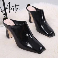 Aiertu NEW Fashion High Heeled Slippers Outdoor Wearing Square toe Women Slides Summer Muller Shoes Slip on Soft Patent Leather Aiertu