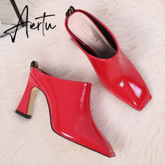 Aiertu NEW Fashion High Heeled Slippers Outdoor Wearing Square toe Women Slides Summer Muller Shoes Slip on Soft Patent Leather Aiertu