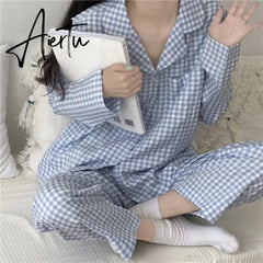 Aiertu New Fashion Sleepwear Women's Cotton Cute Pajamas Girls Long Sleeve Tops+Pants with Pockets Stripe Casual Lounge Wear Aiertu