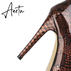 Aiertu New Fashion womens overknee snake PU boots patent PU high thin heels pointed toe party bars pole dance sexy boots Aiertu