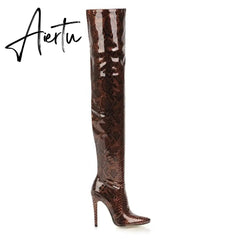 Aiertu New Fashion womens overknee snake PU boots patent PU high thin heels pointed toe party bars pole dance sexy boots Aiertu