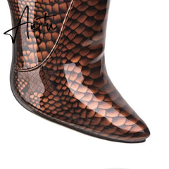 Aiertu New Fashion womens overknee snake PU boots patent PU high thin heels pointed toe party bars pole dance sexy boots Aiertu