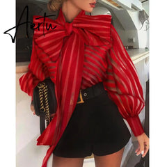 Aiertu New Fashion Women's Puff Long Sleeve Striped Blouses Bow Collar Shirts Streetwear Ladies Casual Mesh Tops Camisas Blusa Mujer Aiertu
