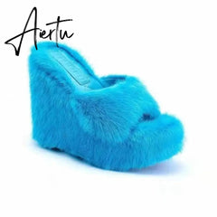 Aiertu New Fur Slippers Women's Wedge Heel Shoes Women High-heeled Furry Drag Fashion Outdoor All-match Shoes Slippers Furry Slides Aiertu