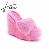 Aiertu New Fur Slippers Women's Wedge Heel Shoes Women High-heeled Furry Drag Fashion Outdoor All-match Shoes Slippers Furry Slides Aiertu