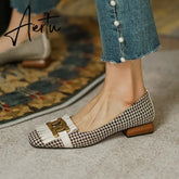 Aiertu New Genuine Leather Women Shoes Fashion Tassel Beads Spring Pump Square Toe Slip-On Casual Shoes Thick Heel Size 35-42 Handmade Aiertu