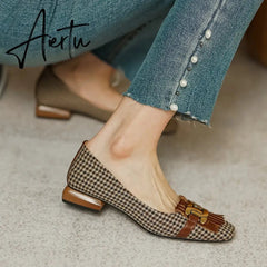 Aiertu New Genuine Leather Women Shoes Fashion Tassel Beads Spring Pump Square Toe Slip-On Casual Shoes Thick Heel Size 35-42 Handmade Aiertu