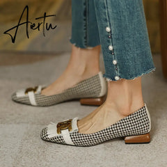 Aiertu New Genuine Leather Women Shoes Fashion Tassel Beads Spring Pump Square Toe Slip-On Casual Shoes Thick Heel Size 35-42 Handmade Aiertu