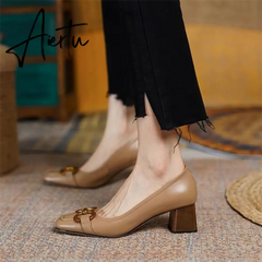 Aiertu New High Heels Shoes Women's Beige Apricot Elegant Metal Decorations Professional Style Shose Office Lady Pumps Aiertu