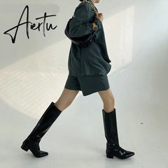 Aiertu New INS Women Knee-high Women Boot Shoes Low Heel Slip On Long Boots Brand Designer Pointed Toe Chelsea Boots Aiertu