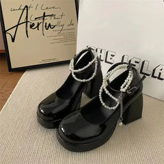 Aiertu New Ladies High Heels Elegant Bow Square Toe Black High Heels Fashion Thick Heel Wedding Party Pearl Lace Wedding Shoe Aiertu