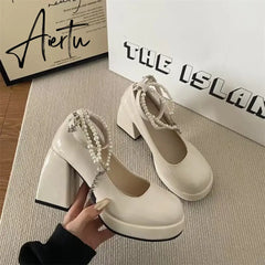 Aiertu New Ladies High Heels Elegant Bow Square Toe Black High Heels Fashion Thick Heel Wedding Party Pearl Lace Wedding Shoe Aiertu
