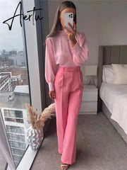 Aiertu New Pink Pants Women High Waist Wide Leg Trousers Woman Casual Baggy Pant Suits Spring Streetwear Wide Pants Aiertu