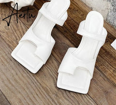 Aiertu New Popular Personality Clip Toe Square Head Leather Women Slippers Fashion Stiletto Heels Elegant Dress Shoes Aiertu