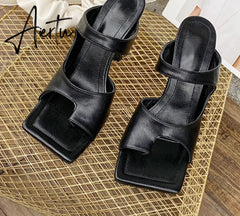 Aiertu New Popular Personality Clip Toe Square Head Leather Women Slippers Fashion Stiletto Heels Elegant Dress Shoes Aiertu