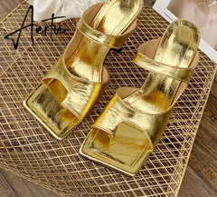 Aiertu New Popular Personality Clip Toe Square Head Leather Women Slippers Fashion Stiletto Heels Elegant Dress Shoes Aiertu