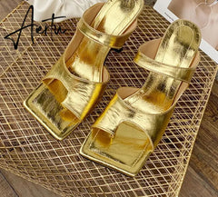 Aiertu New Popular Personality Clip Toe Square Head Leather Women Slippers Fashion Stiletto Heels Elegant Dress Shoes Aiertu