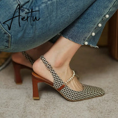 Aiertu New Sandles Women Square Toe Thick Heel French Retro Women Shoes Pearl Buckle High Heel Party Sandals Houndstooth Pattern Aiertu