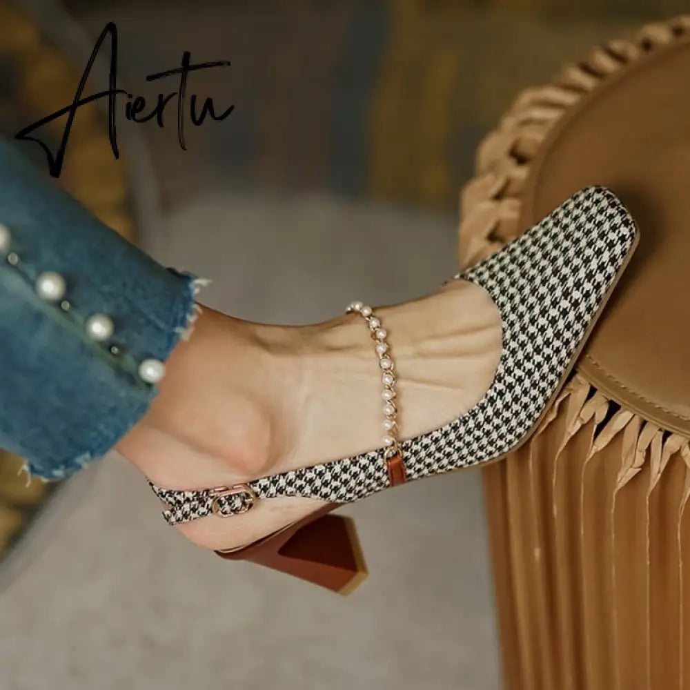 Aiertu New Sandles Women Square Toe Thick Heel French Retro Women Shoes Pearl Buckle High Heel Party Sandals Houndstooth Pattern Aiertu