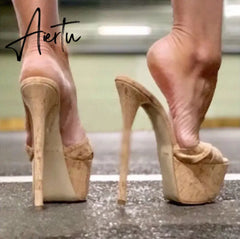 Aiertu NEW Sexy 17CM Thin Heels Slippers Women 2024 Summer Platform High Heel Peep Toe Fashion Slip-On Party Shoes Apricot Aiertu