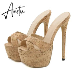 Aiertu NEW Sexy 17CM Thin Heels Slippers Women 2024 Summer Platform High Heel Peep Toe Fashion Slip-On Party Shoes Apricot Aiertu