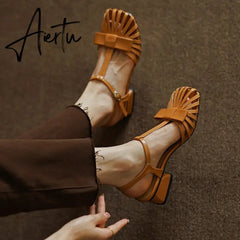 Aiertu New Shallow Rome Thick Med Heels Shoes Buckle Strap Genuine Leather Sandals Women Ladies Shoes Leather Gladiator Sandals Aiertu