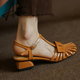 Aiertu New Shallow Rome Thick Med Heels Shoes Buckle Strap Genuine Leather Sandals Women Ladies Shoes Leather Gladiator Sandals Aiertu