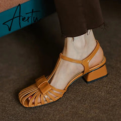 Aiertu New Shallow Rome Thick Med Heels Shoes Buckle Strap Genuine Leather Sandals Women Ladies Shoes Leather Gladiator Sandals Aiertu