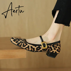Aiertu NEW Spring/Autumn Women Pumps Square Toe Chunky Heel Shoes Horsehair Leopard Shoes for Women Concise High Heel Buckle Mary Janes Aiertu