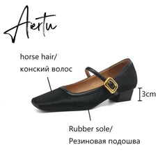 Aiertu NEW Spring/Autumn Women Pumps Square Toe Chunky Heel Shoes Horsehair Leopard Shoes for Women Concise High Heel Buckle Mary Janes Aiertu