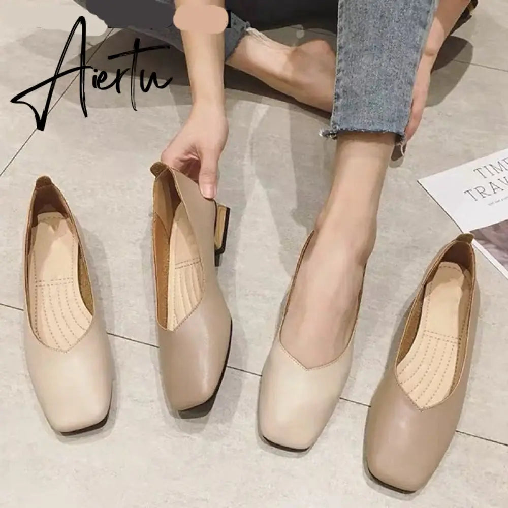 Aiertu New Spring Flats Shoes Women Wooden Low Heel Ballet Square Toe Shallow Brand Shoe Slip On Loafer zapatos de mujer big size 35-41 Aiertu