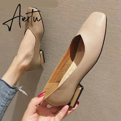 Aiertu New Spring Flats Shoes Women Wooden Low Heel Ballet Square Toe Shallow Brand Shoe Slip On Loafer zapatos de mujer big size 35-41 Aiertu