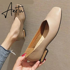Aiertu New Spring Flats Shoes Women Wooden Low Heel Ballet Square Toe Shallow Brand Shoe Slip On Loafer zapatos de mujer big size 35-41 Aiertu