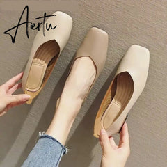 Aiertu New Spring Flats Shoes Women Wooden Low Heel Ballet Square Toe Shallow Brand Shoe Slip On Loafer zapatos de mujer big size 35-41 Aiertu