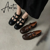 Aiertu New Spring Genuine Leather Women Shoes GLADIATOR Round Toe Casual Buckle Strap Platform Heels Shallow Shoes Women pumps Aiertu