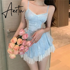 Aiertu New Spring Summer Fashion Sexy Party Slim Women Pleated Elastic High Waist Chic Strap Short Mini Dress Female Aiertu