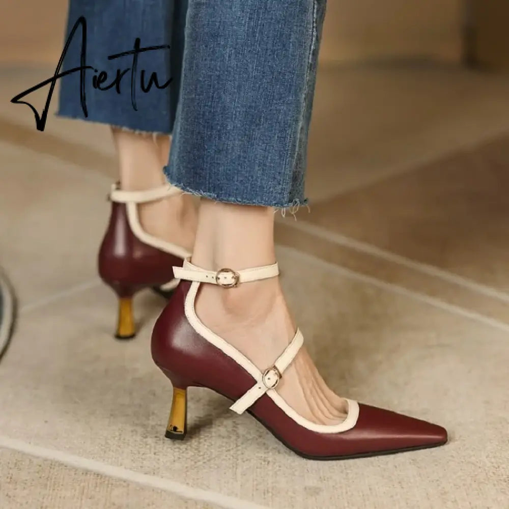 Aiertu NEW Spring/Summer Women Shoes Pointed Toe Thin Heel Pumps for Women Elegant Cow Leather Shoes sexy High Heels Elegant Mary Janes Aiertu