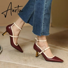 Aiertu NEW Spring/Summer Women Shoes Pointed Toe Thin Heel Pumps for Women Elegant Cow Leather Shoes sexy High Heels Elegant Mary Janes Aiertu