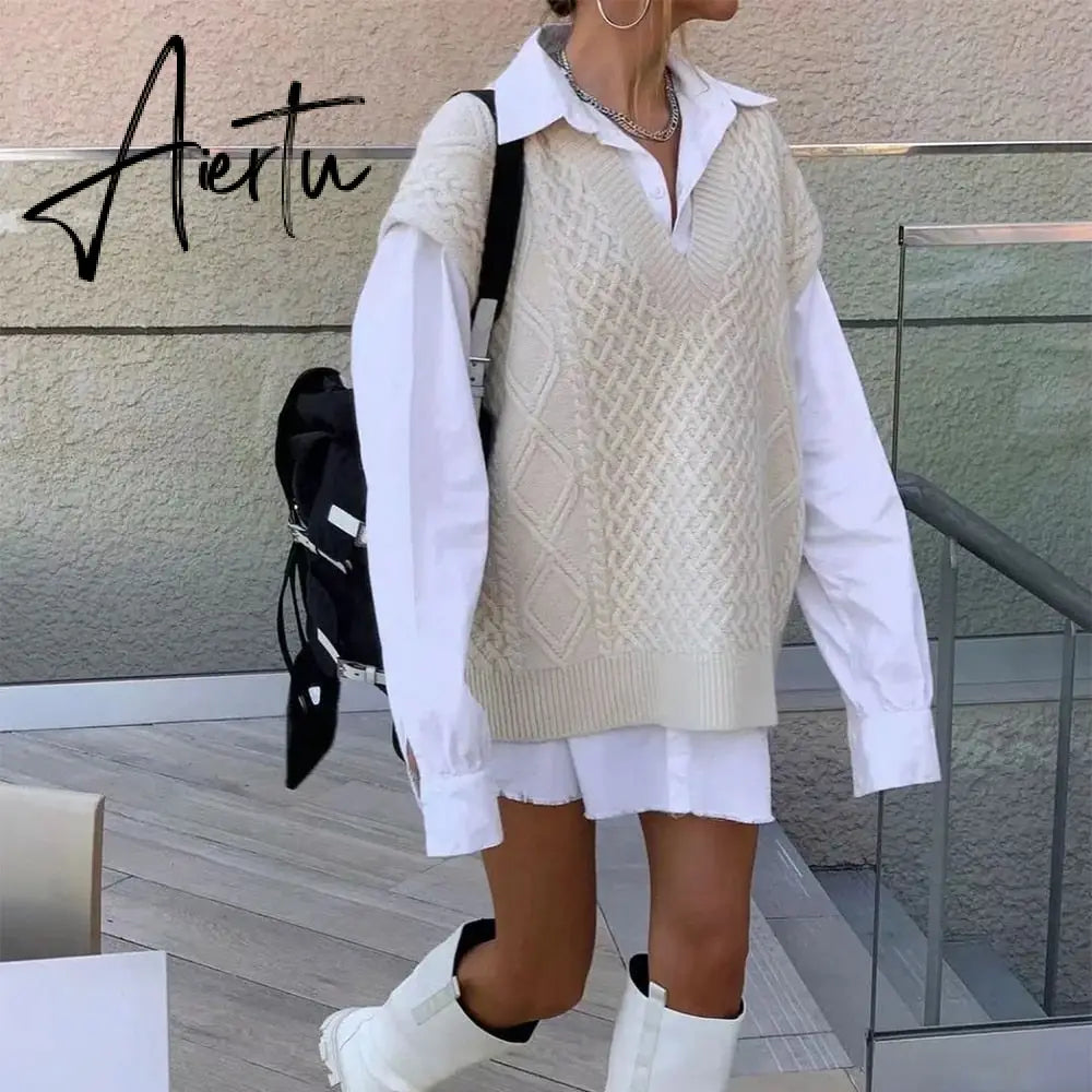 Aiertu New Spring Winter Women Cable-Knit Sweater Vest Oversized V-Neck Woman Sweaters Casual Fashion Elegant Lady Pullover Tops Aiertu