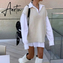Aiertu New Spring Winter Women Cable-Knit Sweater Vest Oversized V-Neck Woman Sweaters Casual Fashion Elegant Lady Pullover Tops Aiertu