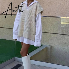 Aiertu New Spring Winter Women Cable-Knit Sweater Vest Oversized V-Neck Woman Sweaters Casual Fashion Elegant Lady Pullover Tops Aiertu